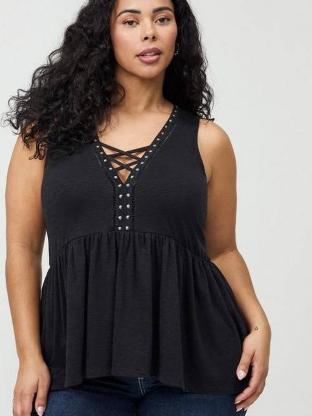 torrid Black Burnout Peplum Tank with Lace-Up V-Neck